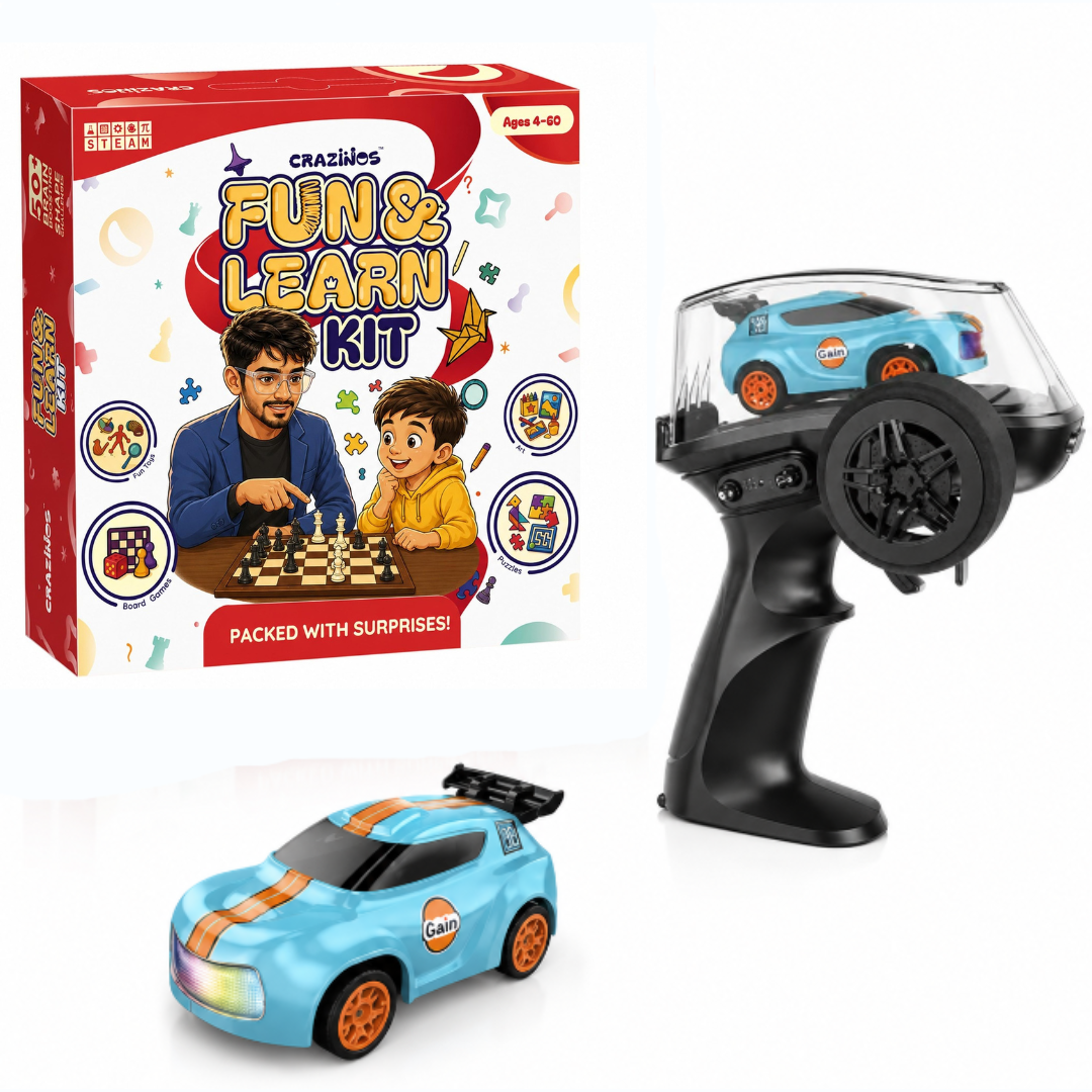 CRAZINOS Fun & Learn Games Kit & Mini RC Drift Car Combo for Kids | 100+ Educational Activities, 6-in-1 Board Games & 1:64 Scale Remote Control Racing Car with LED Lights | STEM Learning & Racing Toy Set for Boys & Girls