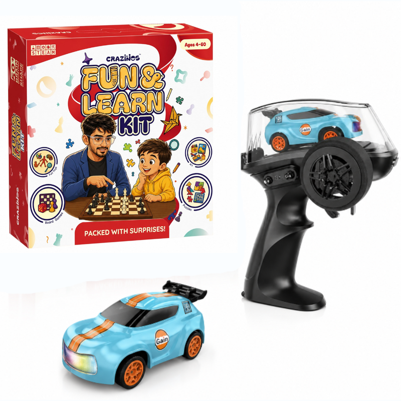 CRAZINOS Fun & Learn Games Kit & Mini RC Drift Car Combo for Kids | 100+ Educational Activities, 6-in-1 Board Games & 1:64 Scale Remote Control Racing Car with LED Lights | STEM Learning & Racing Toy Set for Boys & Girls