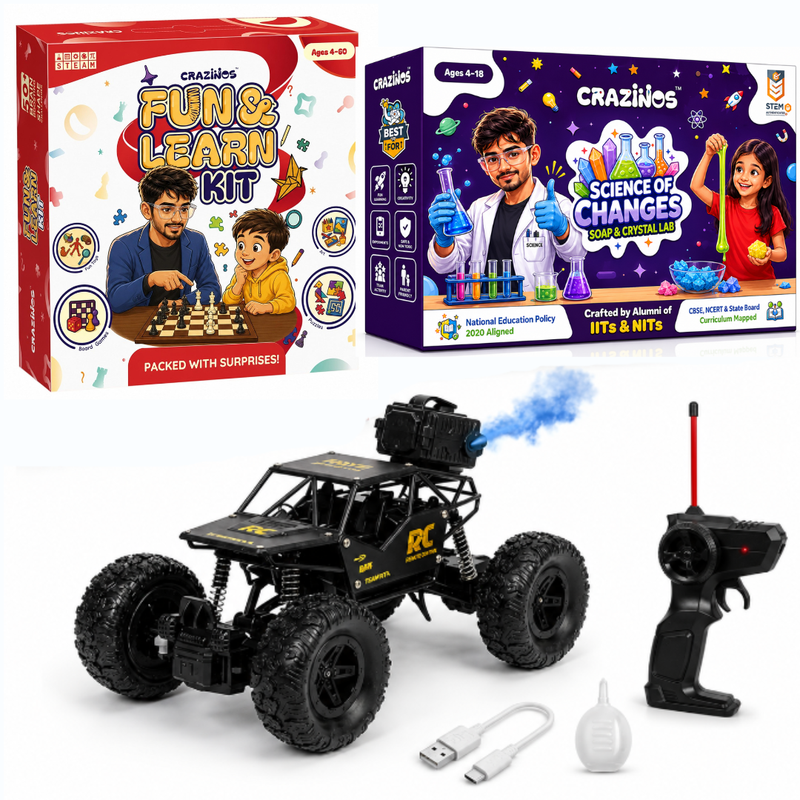 CRAZINOS Fun & Learn Games Kit with Soap & Crystal STEM Kit and Off-Road RC Monster Truck Combo for Kids | 100+ Educational Activities, DIY Science Experiments & Rechargeable RC Truck | Learning & Racing Toy Set for Boys & Girls Age 4–18 Years