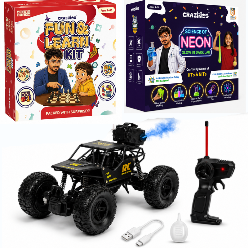 CRAZINOS Fun & Learn Games Kit with Glow in Dark Science Kit and Off-Road RC Monster Truck Combo for Kids | 100+ Activities, 20+ STEM Experiments & Rechargeable RC Car Toy | Learning, Science & Racing Gift Set for Boys & Girls Age 4–18 Years