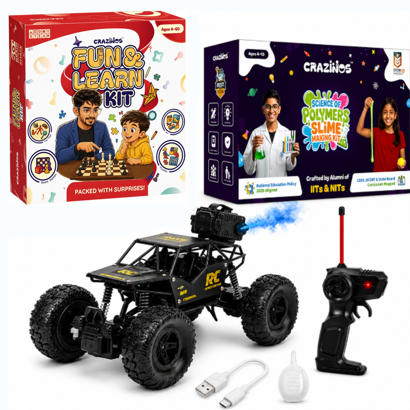 CRAZINOS Fun & Learn Games Kit with DIY Slime Kit and Off-Road RC Monster Truck Combo for Kids | 100+ Educational Activities, Scented Slime Sensory Play & Rechargeable RC Car | STEM Learning & Racing Toy Set for Boys & Girls Age 3–10 Years