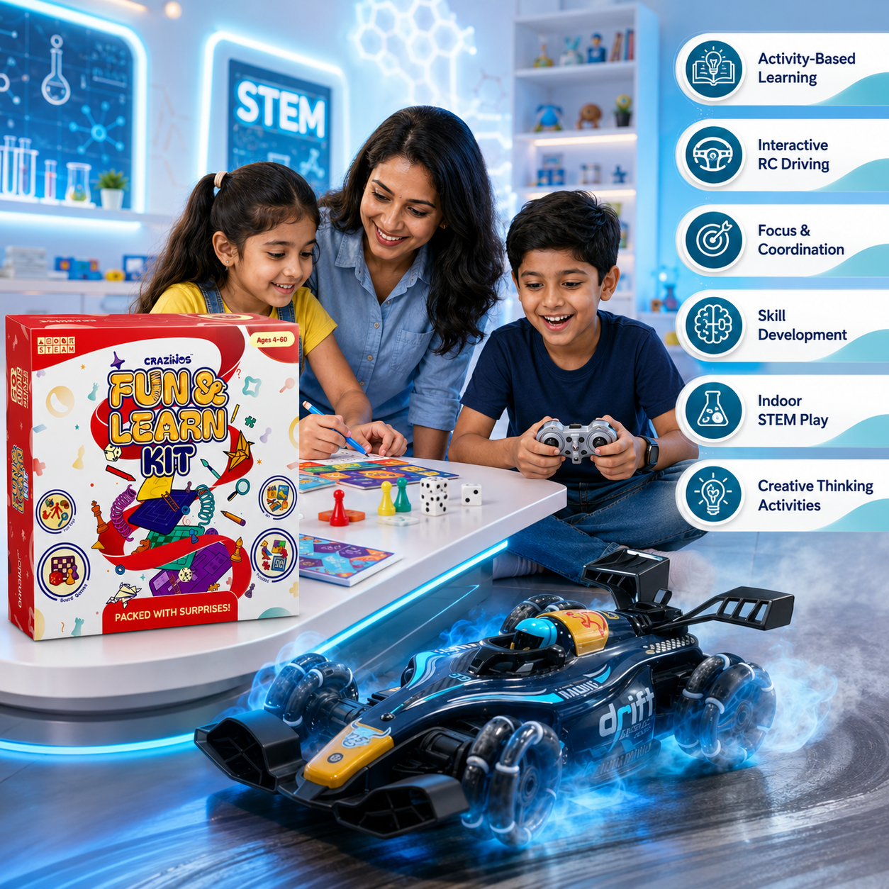 CRAZINOS Fun & Learn Games Kit & RC Drift Stunt Car Combo for Kids | 100+ Educational Activities, 6-in-1 Board Games & 1:14 Gesture Control RC Racing Car with LED Lights & Smoke Effect | STEM Learning & Racing Toy Set for Boys & Girls Age 4+ Years