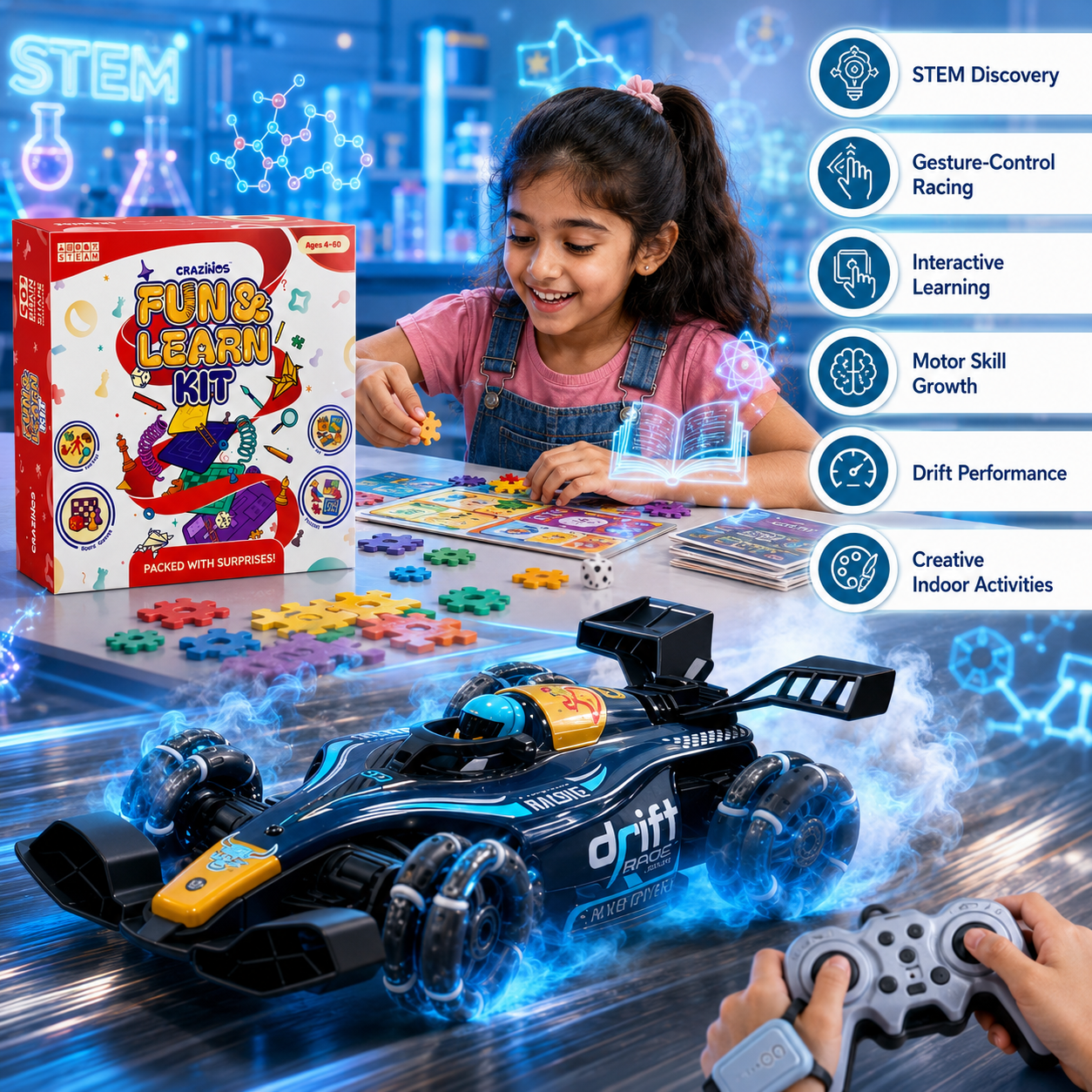 CRAZINOS Fun & Learn Games Kit & RC Drift Stunt Car Combo for Kids | 100+ Educational Activities, 6-in-1 Board Games & 1:14 Gesture Control RC Racing Car with LED Lights & Smoke Effect | STEM Learning & Racing Toy Set for Boys & Girls Age 4+ Years