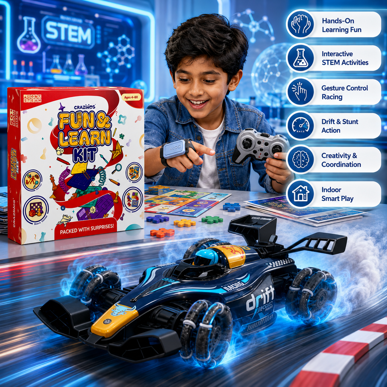 CRAZINOS Fun & Learn Games Kit & RC Drift Stunt Car Combo for Kids | 100+ Educational Activities, 6-in-1 Board Games & 1:14 Gesture Control RC Racing Car with LED Lights & Smoke Effect | STEM Learning & Racing Toy Set for Boys & Girls Age 4+ Years