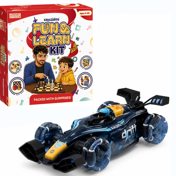 CRAZINOS Fun & Learn Games Kit & RC Drift Stunt Car Combo for Kids | 100+ Educational Activities, 6-in-1 Board Games & 1:14 Gesture Control RC Racing Car with LED Lights & Smoke Effect | STEM Learning & Racing Toy Set for Boys & Girls Age 4+ Years