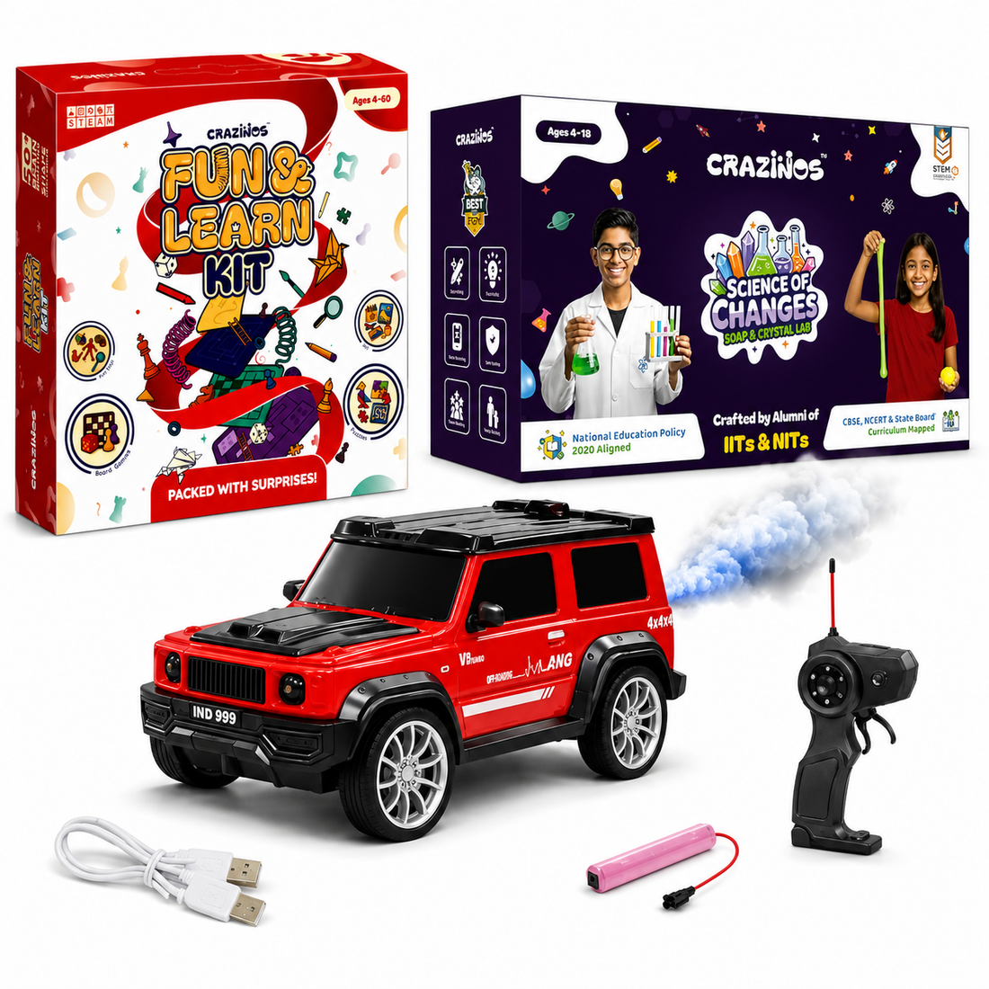 CRAZINOS Ultimate STEM Fun Combo for Kids | 100 in 1 Games & Learning Kit with G-Class RC SUV Car and Soap & Crystal Science Kit | Rechargeable RC Car, DIY STEM Toys & Birthday Gift Set for Boys & Girls Ages 4–18 Years