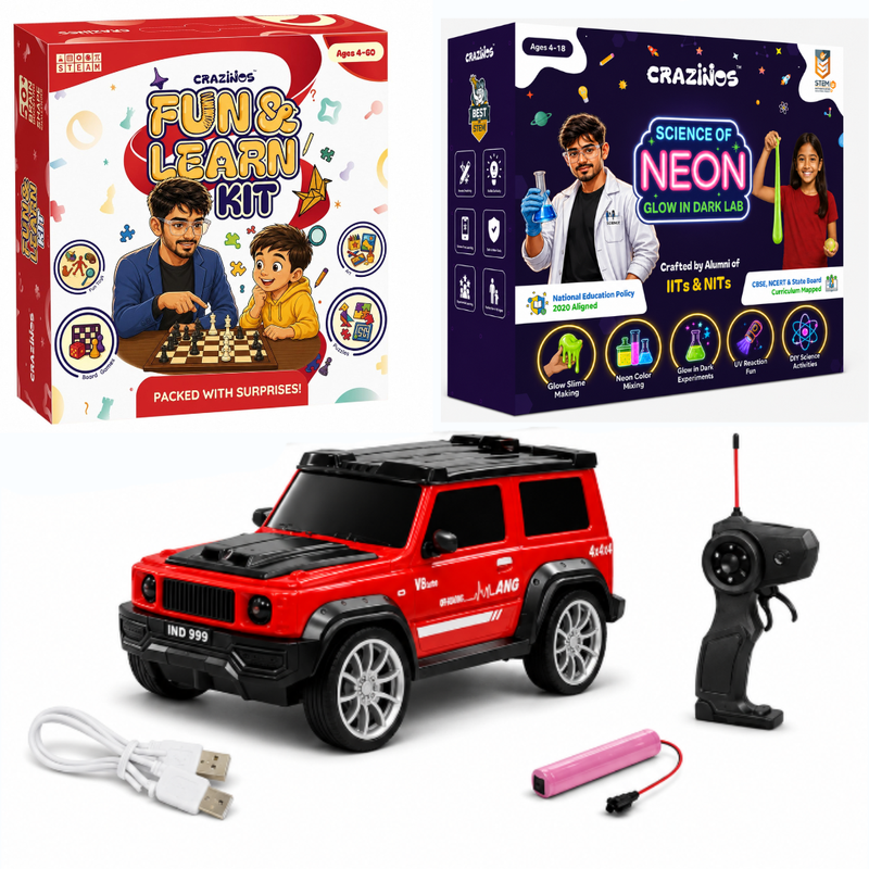 CRAZINOS Ultimate STEM Fun Combo for Kids | 100 in 1 Games & Learning Kit with G-Class RC SUV Car and Glow in Dark Science Kit | Rechargeable RC Car, 20+ DIY STEM Activities & Birthday Gift Set for Boys & Girls Ages 4–18 Years
