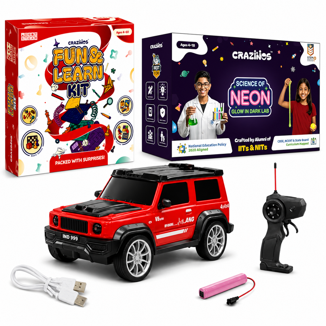 CRAZINOS Ultimate STEM Fun Combo for Kids | 100 in 1 Games & Learning Kit with G-Class RC SUV Car and Glow in Dark Science Kit | Rechargeable RC Car, 20+ DIY STEM Activities & Birthday Gift Set for Boys & Girls Ages 4–18 Years