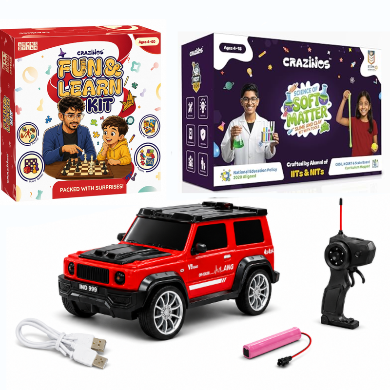 CRAZINOS 100 in 1 Fun & Learn Games Kit Combo with G-Class RC SUV Car & Slime Clay Sensory Play Set for Kids | STEM Board Games, Rechargeable RC Car with LED Smoke Effect & Creative Learning Toy | Birthday Gift for Boys & Girls Age 3–12 Years