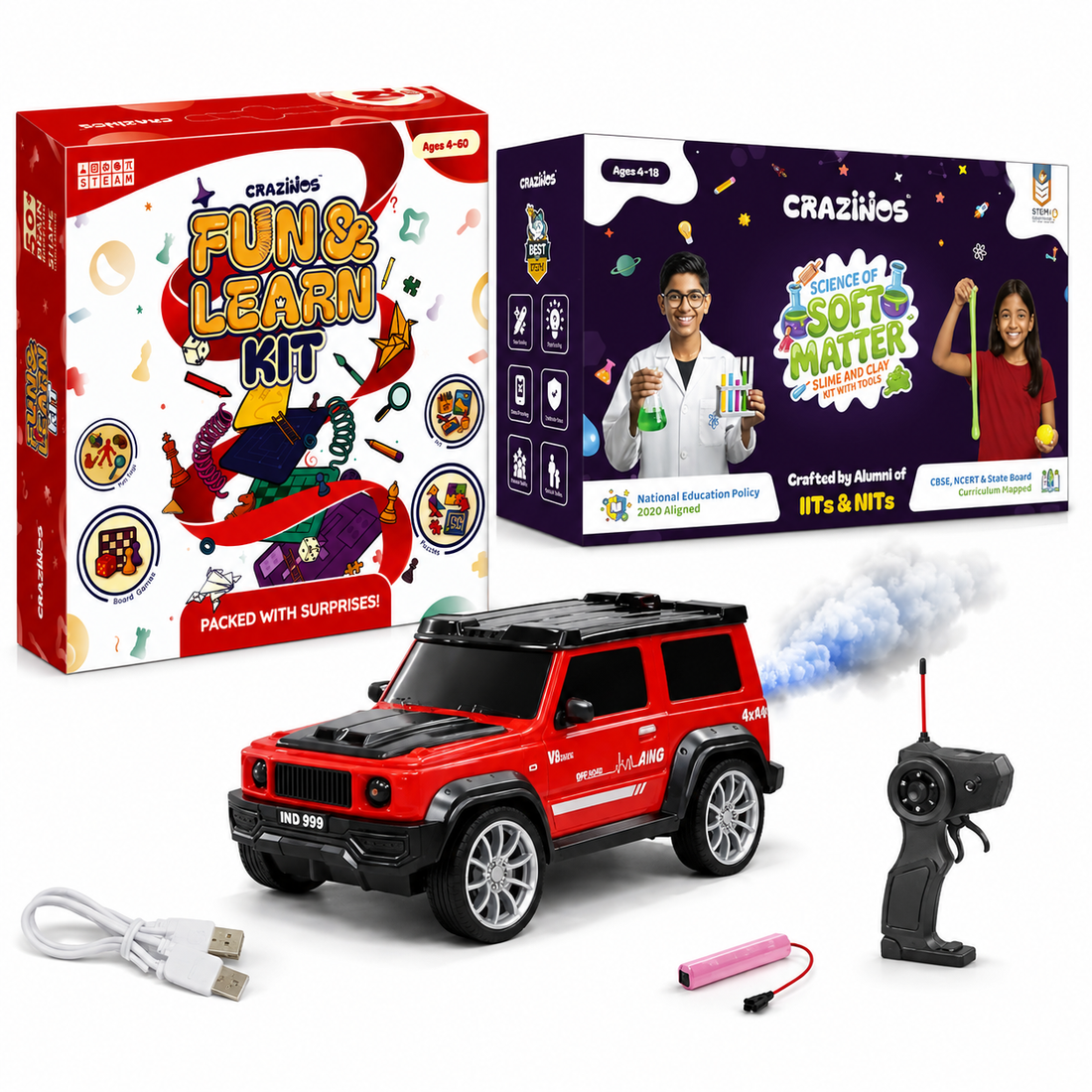 CRAZINOS 100 in 1 Fun & Learn Games Kit Combo with G-Class RC SUV Car & Slime Clay Sensory Play Set for Kids | STEM Board Games, Rechargeable RC Car with LED Smoke Effect & Creative Learning Toy | Birthday Gift for Boys & Girls Age 3–12 Years