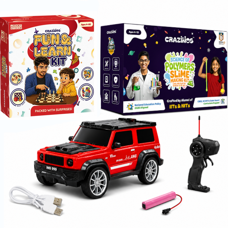 CRAZINOS 3-in-1 Fun & Learning Toy Combo for Kids | 100 in 1 Activity Kit, Rechargeable G-Class RC Car with LED Smoke Effect & Scented DIY Slime Kit