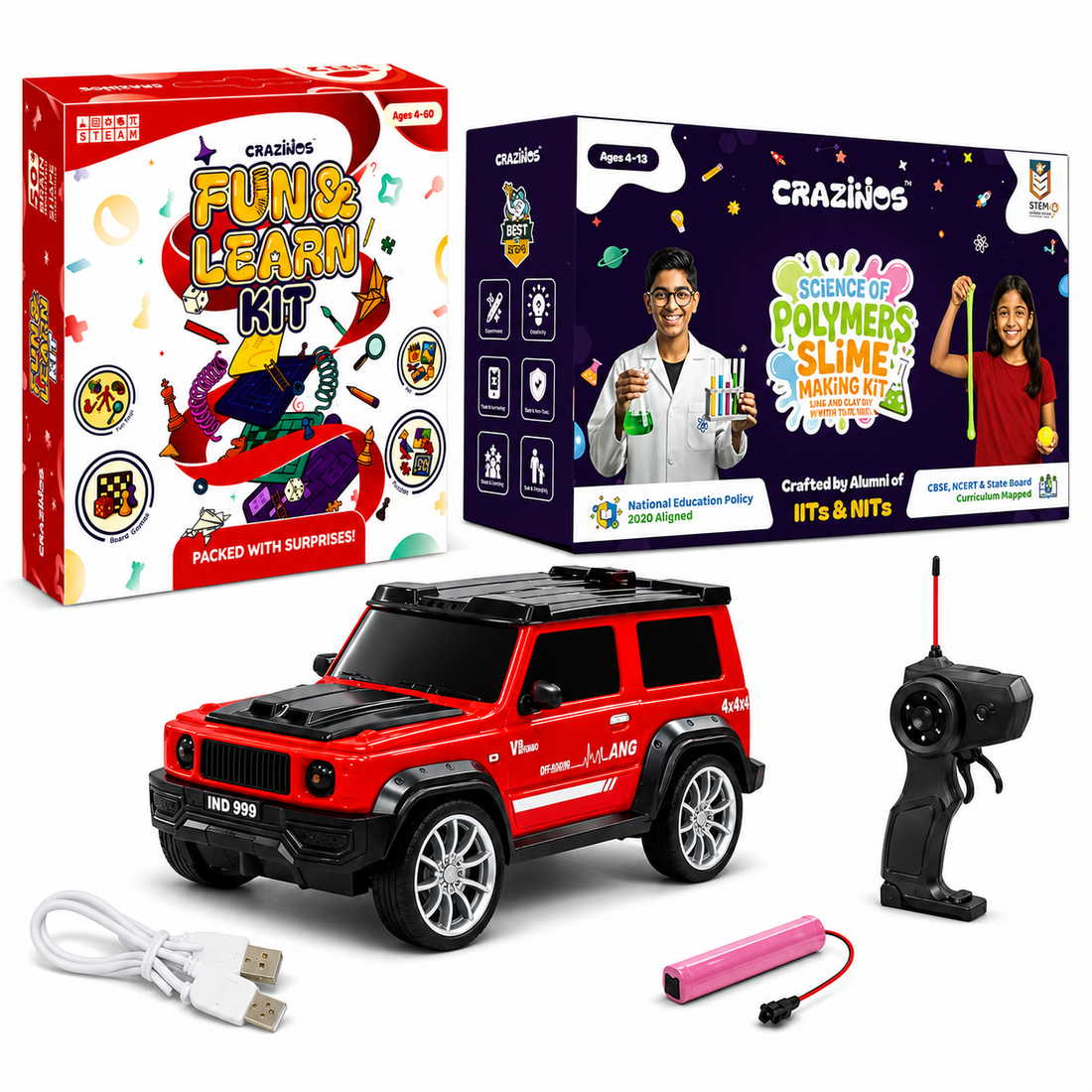 CRAZINOS 3-in-1 Fun & Learning Toy Combo for Kids | 100 in 1 Activity Kit, Rechargeable G-Class RC Car with LED Smoke Effect & Scented DIY Slime Kit