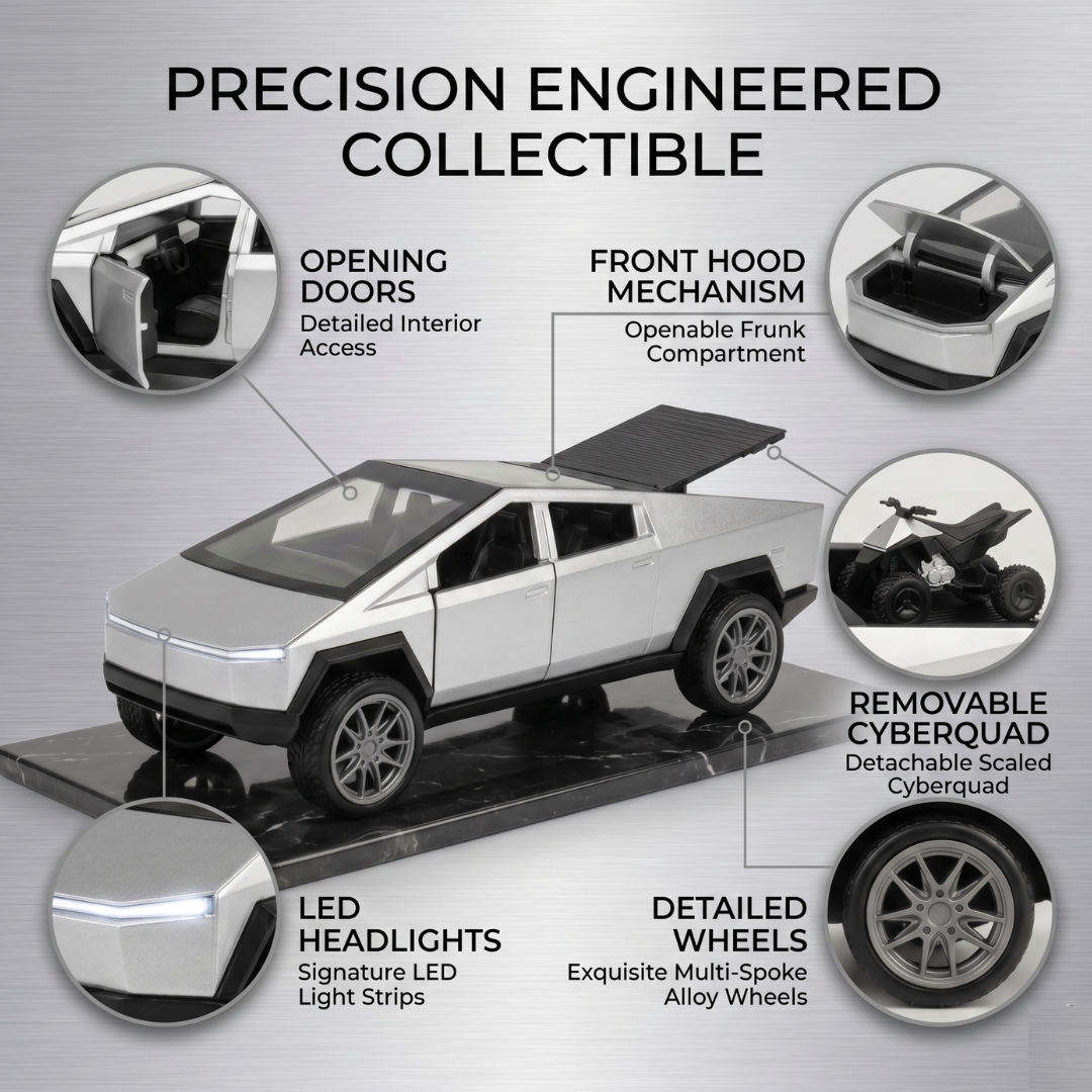 Die Cast Pull Back Cybertruck Style Toy Car with Openable Doors & Hidden Storage | Metal Pickup Truck Toy for Kids Boys Girls | Silver