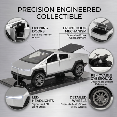 Die Cast Pull Back Cybertruck Style Toy Car with Openable Doors & Hidden Storage | 1:36 Scale | Metal Pickup Truck Toy for Kids Boys Girls | Silver