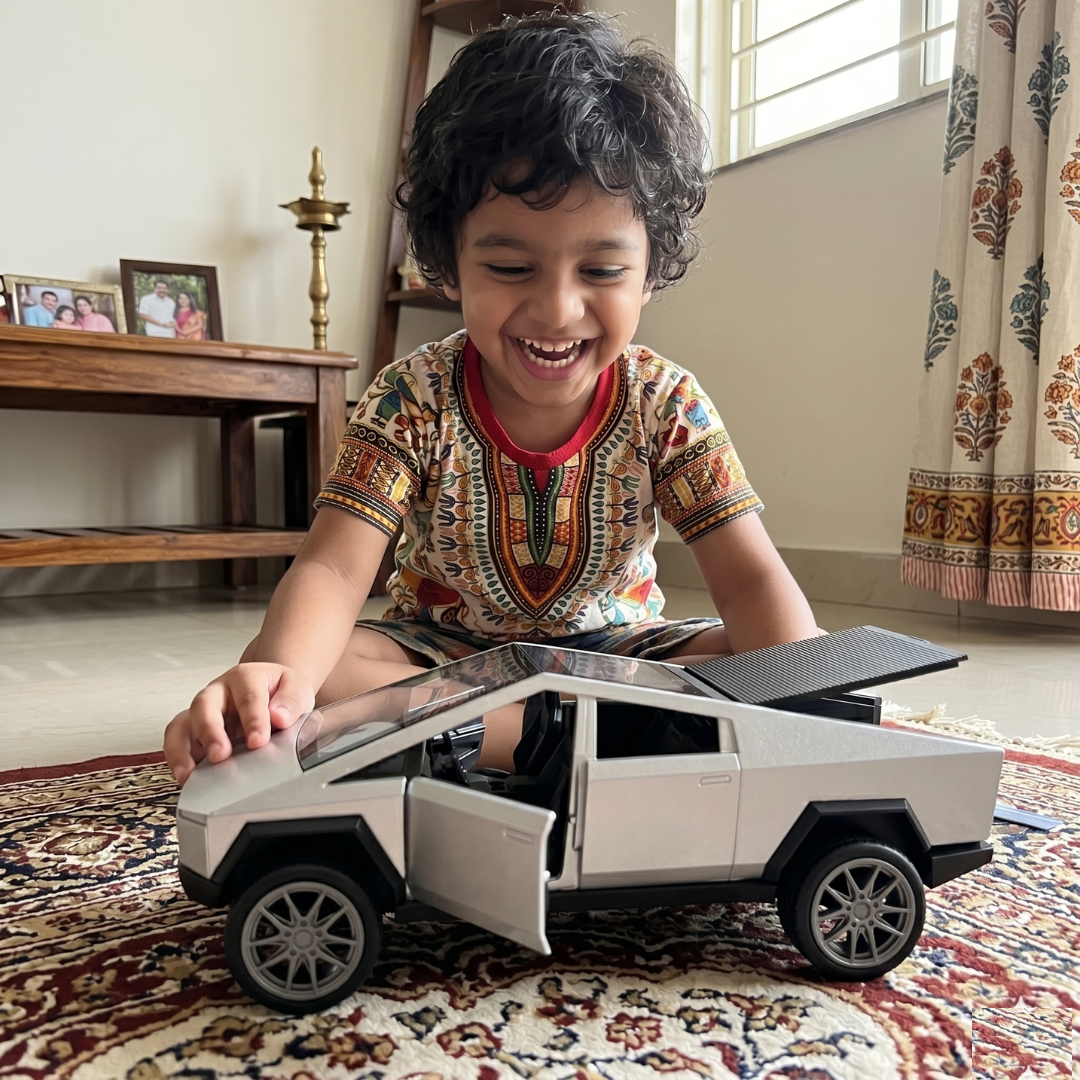 Die Cast Pull Back Cybertruck Style Toy Car with Openable Doors & Hidden Storage | Metal Pickup Truck Toy for Kids Boys Girls | Silver