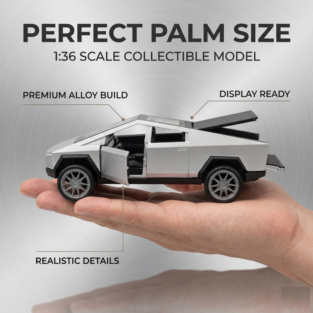 Die Cast Pull Back Cybertruck Style Toy Car with Openable Doors & Hidden Storage | Metal Pickup Truck Toy for Kids Boys Girls | Silver