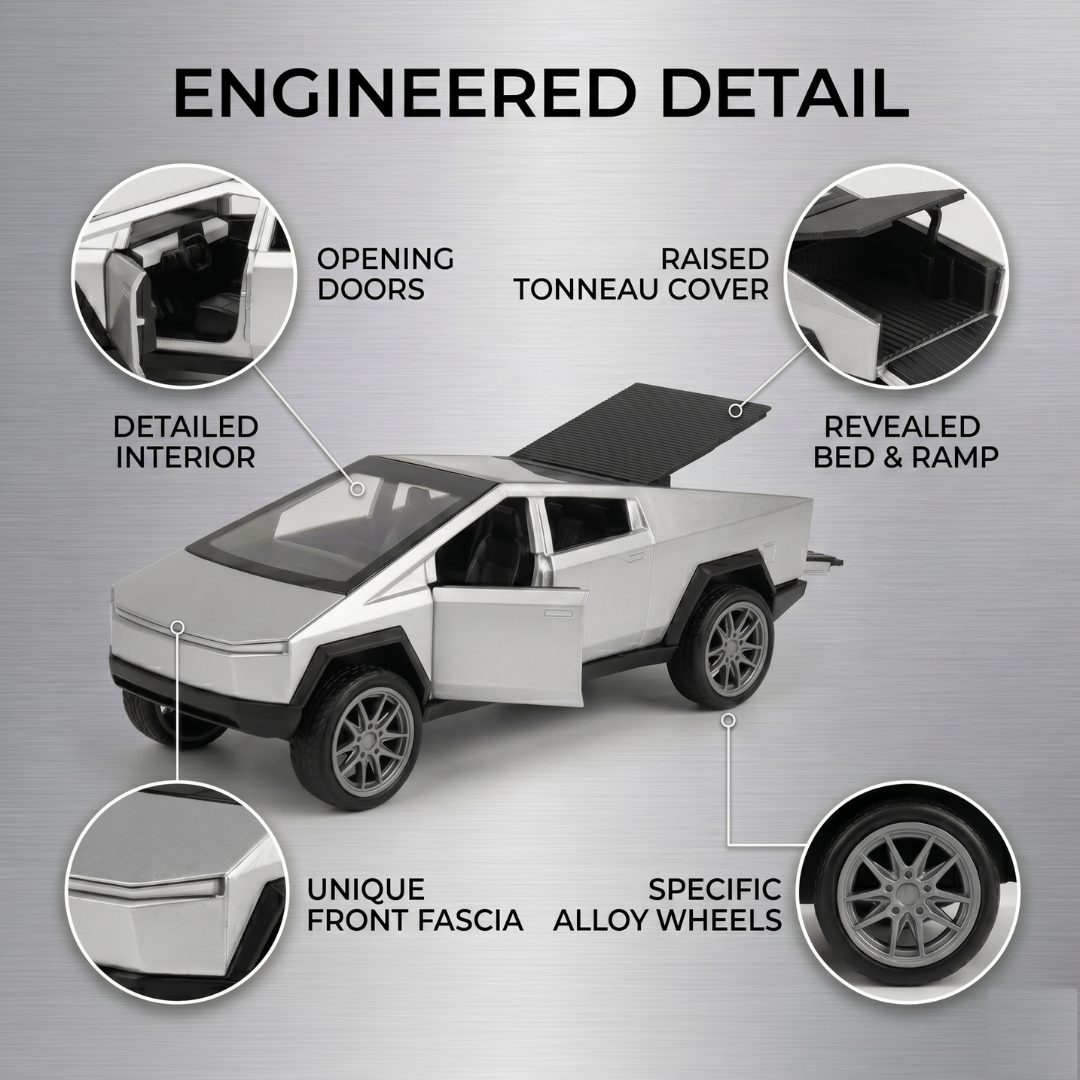 Die Cast Pull Back Cybertruck Style Toy Car with Openable Doors & Hidden Storage | Metal Pickup Truck Toy for Kids Boys Girls | Silver