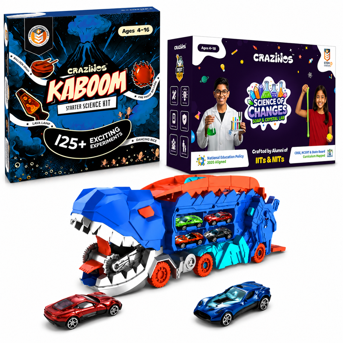 CRAZINOS Ultimate STEM Science & Dinosaur Racing Combo for Kids | 125+ Chemistry Experiments Kit, Soap & Crystal DIY Science Set with Transforming T-Rex Truck & 20-Inch Race Track | Educational Birthday Gift for Boys & Girls Age 4–18 Years