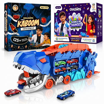 CRAZINOS Ultimate STEM Science & Dinosaur Racing Combo for Kids | 125+ Chemistry Experiments Kit, Soap & Crystal DIY Science Set with Transforming T-Rex Truck & 20-Inch Race Track | Educational Birthday Gift for Boys & Girls Age 4–18 Years