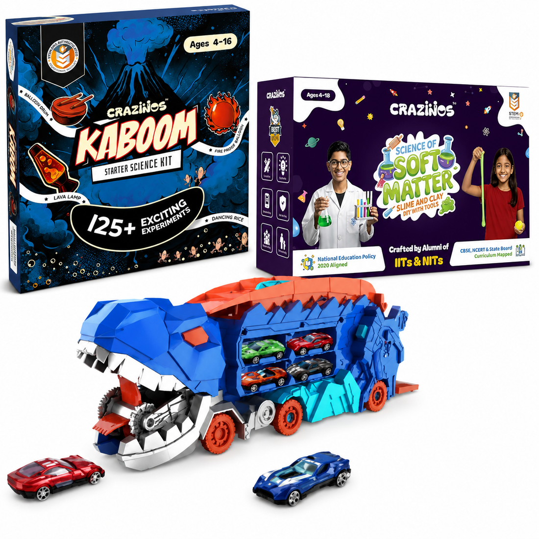 CRAZINOS Ultimate STEM Learning & Dinosaur Racing Combo for Kids | 125+ Science Experiments Kit, Slime & Clay Sensory Play Set with Transforming T-Rex Truck & 20-Inch Race Track | Educational Birthday Gift for Boys & Girls Age 4–16 Years