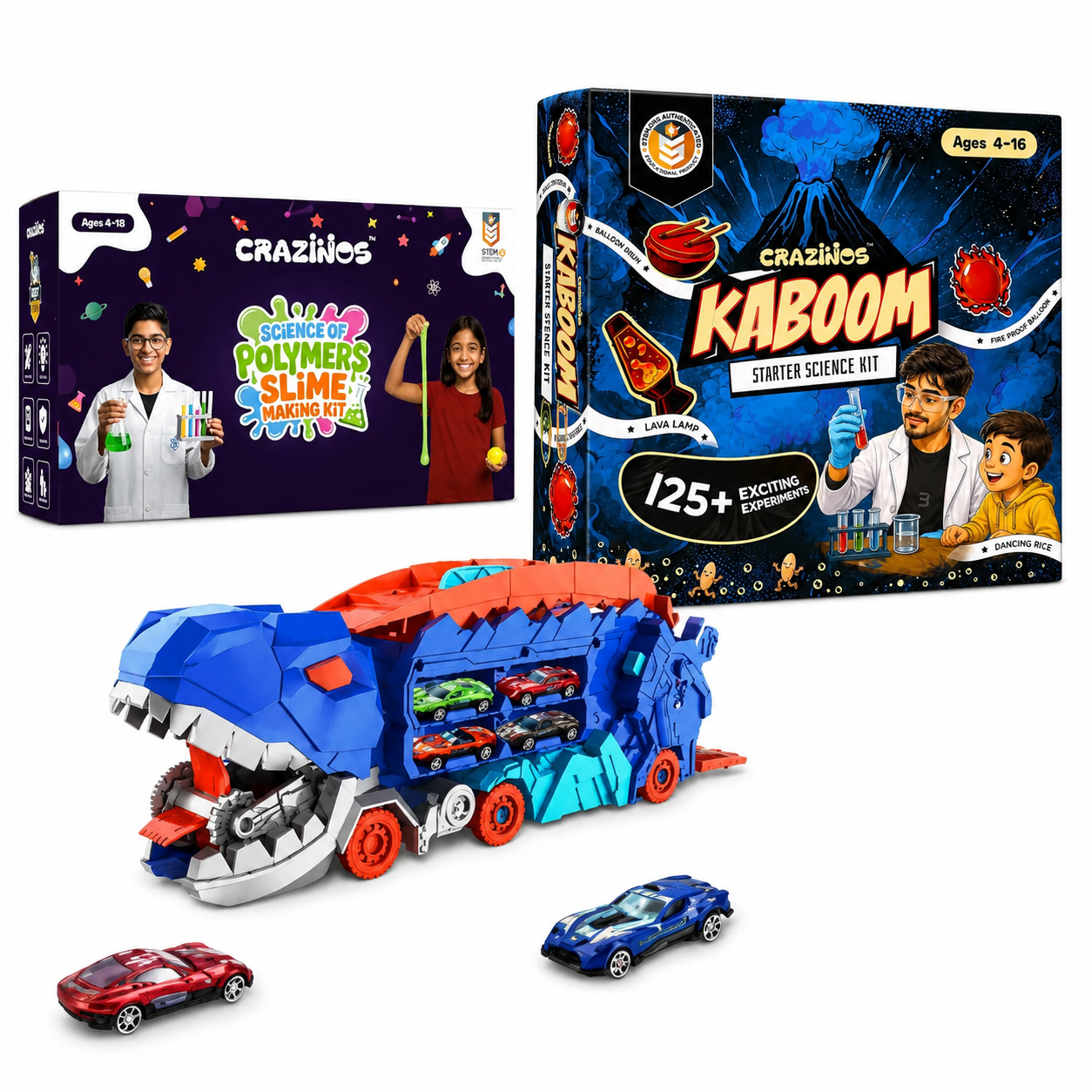 CRAZINOS Ultimate STEM Science, Slime & Dinosaur Adventure Combo for Kids | 125+ Chemistry Experiments Kit, DIY Scented Slime Play Set with Transforming T-Rex Truck & 20-Inch Race Track | Educational Birthday Gift for Boys & Girls Age 3–16 Years