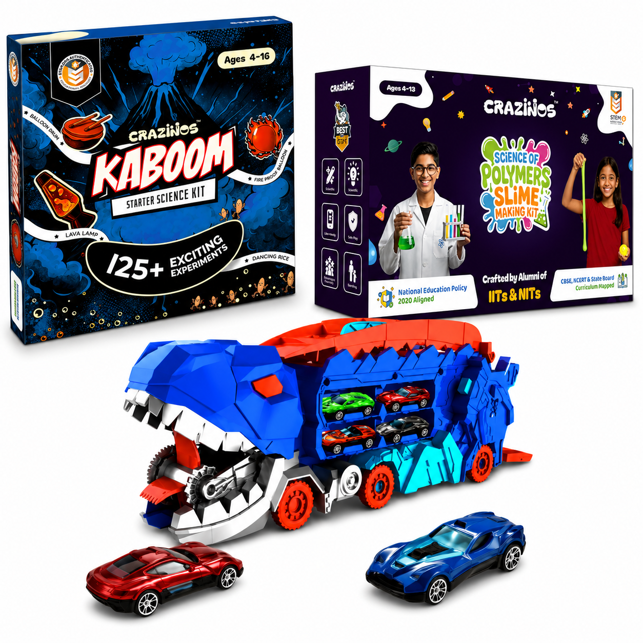 CRAZINOS Ultimate STEM Science, Slime & Dinosaur Adventure Combo for Kids | 125+ Chemistry Experiments Kit, DIY Scented Slime Play Set with Transforming T-Rex Truck & 20-Inch Race Track | Educational Birthday Gift for Boys & Girls Age 3–16 Years