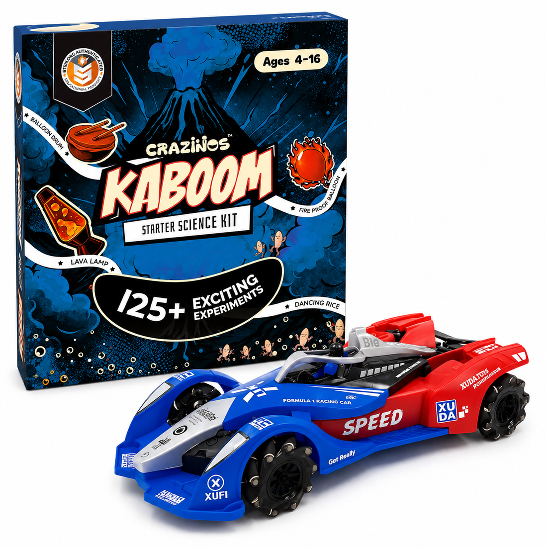 CRAZINOS Ultimate STEM & Racing Combo for Kids | 125+ Science Experiments Kit with Gesture Control RC Drift Car, 4WD Rechargeable Remote Control Racing Toy with Lights, Music & Spray Effect | Educational Birthday Gift for Boys & Girls Age 4–16 Years