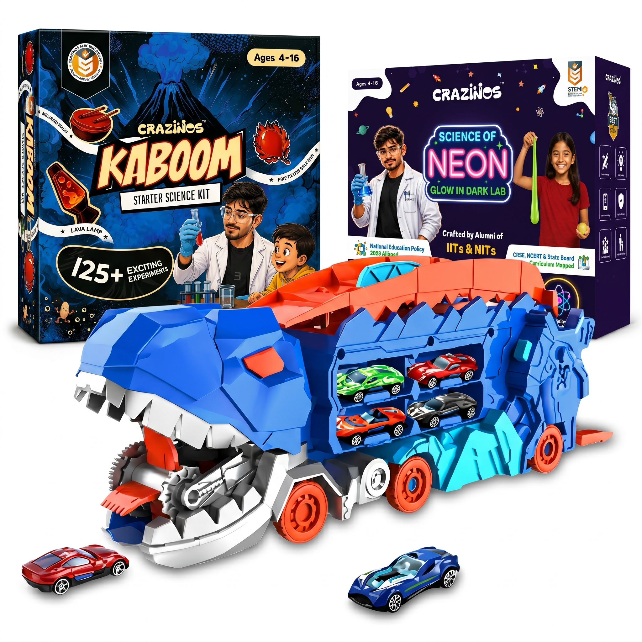 CRAZINOS Ultimate STEM Science & Dinosaur Adventure Combo for Kids | 125+ Chemistry Experiments Kit, Glow in Dark Science DIY Set with Transforming T-Rex Truck & 20-Inch Race Track | Educational Birthday Gift for Boys & Girls Age 4–18 Years