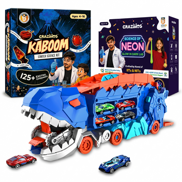 CRAZINOS Ultimate STEM Science & Dinosaur Adventure Combo for Kids | 125+ Chemistry Experiments Kit, Glow in Dark Science DIY Set with Transforming T-Rex Truck & 20-Inch Race Track | Educational Birthday Gift for Boys & Girls Age 4–18 Years