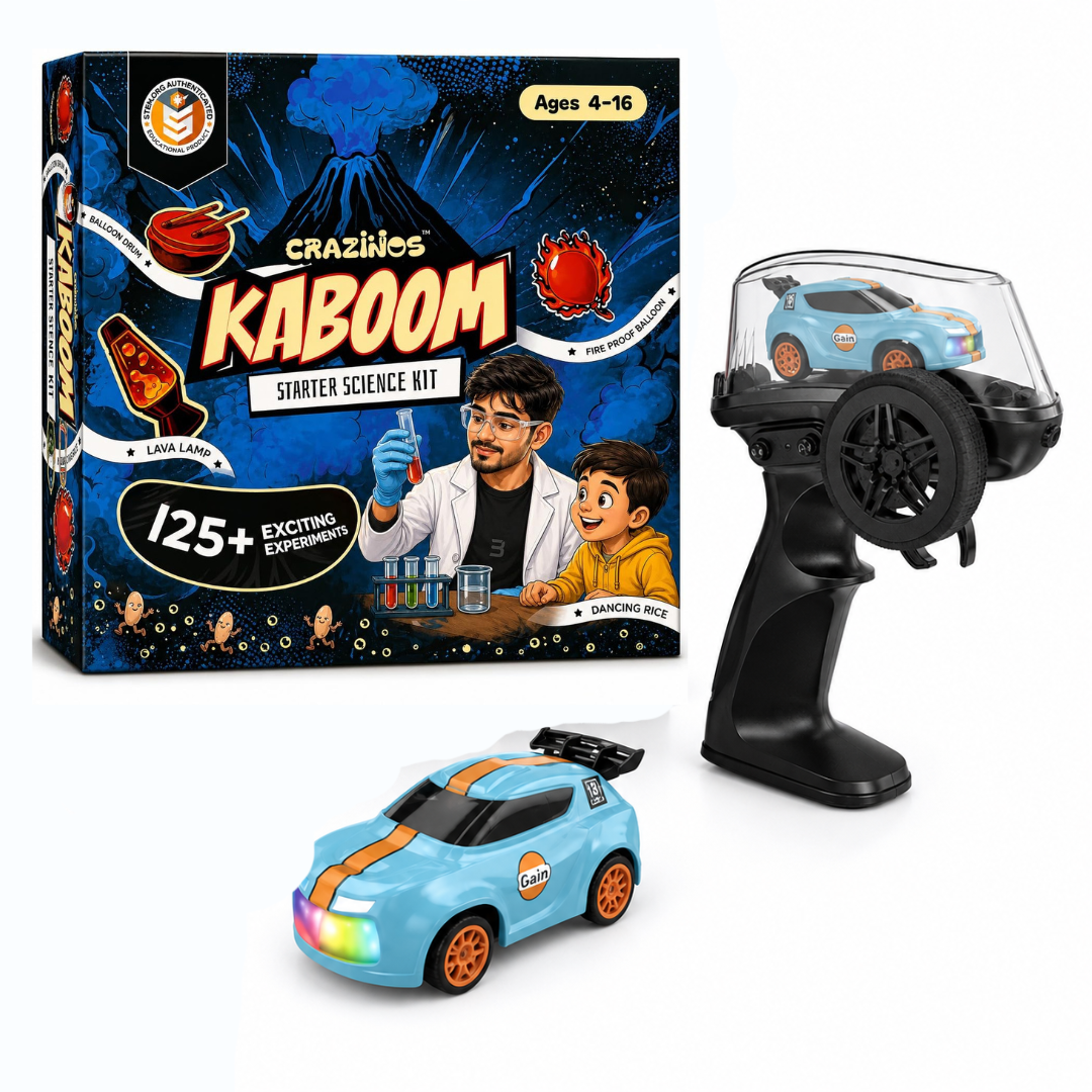 CRAZINOS Junior Science Experiment Kit & Mini RC Drift Car Combo for Kids | 125+ STEM Chemistry Activities with 1:64 Scale Remote Control Racing Car, LED Lights & Dual Speed Mode | Educational Birthday Gift for Boys & Girls Age 4–16 Years