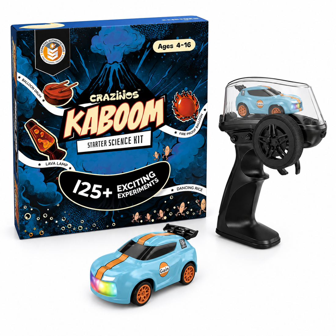 CRAZINOS Junior Science Experiment Kit & Mini RC Drift Car Combo for Kids | 125+ STEM Chemistry Activities with 1:64 Scale Remote Control Racing Car, LED Lights & Dual Speed Mode | Educational Birthday Gift for Boys & Girls Age 4–16 Years