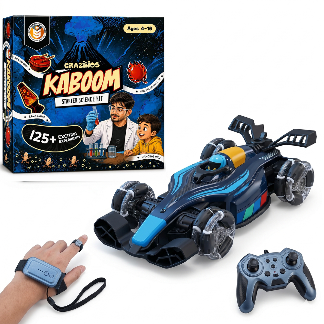 CRAZINOS Ultimate STEM & RC Racing Combo for Kids | 125+ Science Experiments Kit with Volcano & Chemistry Activities + 1:14 Scale Gesture Control RC Drift Stunt Car with LED Lights & Smoke Effect | Educational Birthday Gift for Boys & Girls Age 4–16 Years