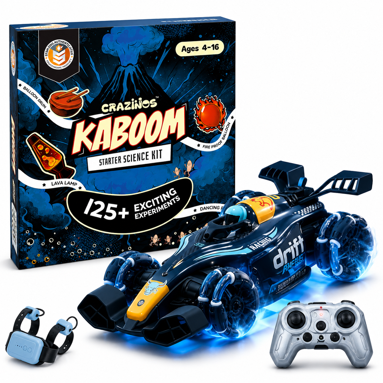 CRAZINOS Ultimate STEM & RC Racing Combo for Kids | 125+ Science Experiments Kit with Volcano & Chemistry Activities + 1:14 Scale Gesture Control RC Drift Stunt Car with LED Lights & Smoke Effect | Educational Birthday Gift for Boys & Girls Age 4–16 Years