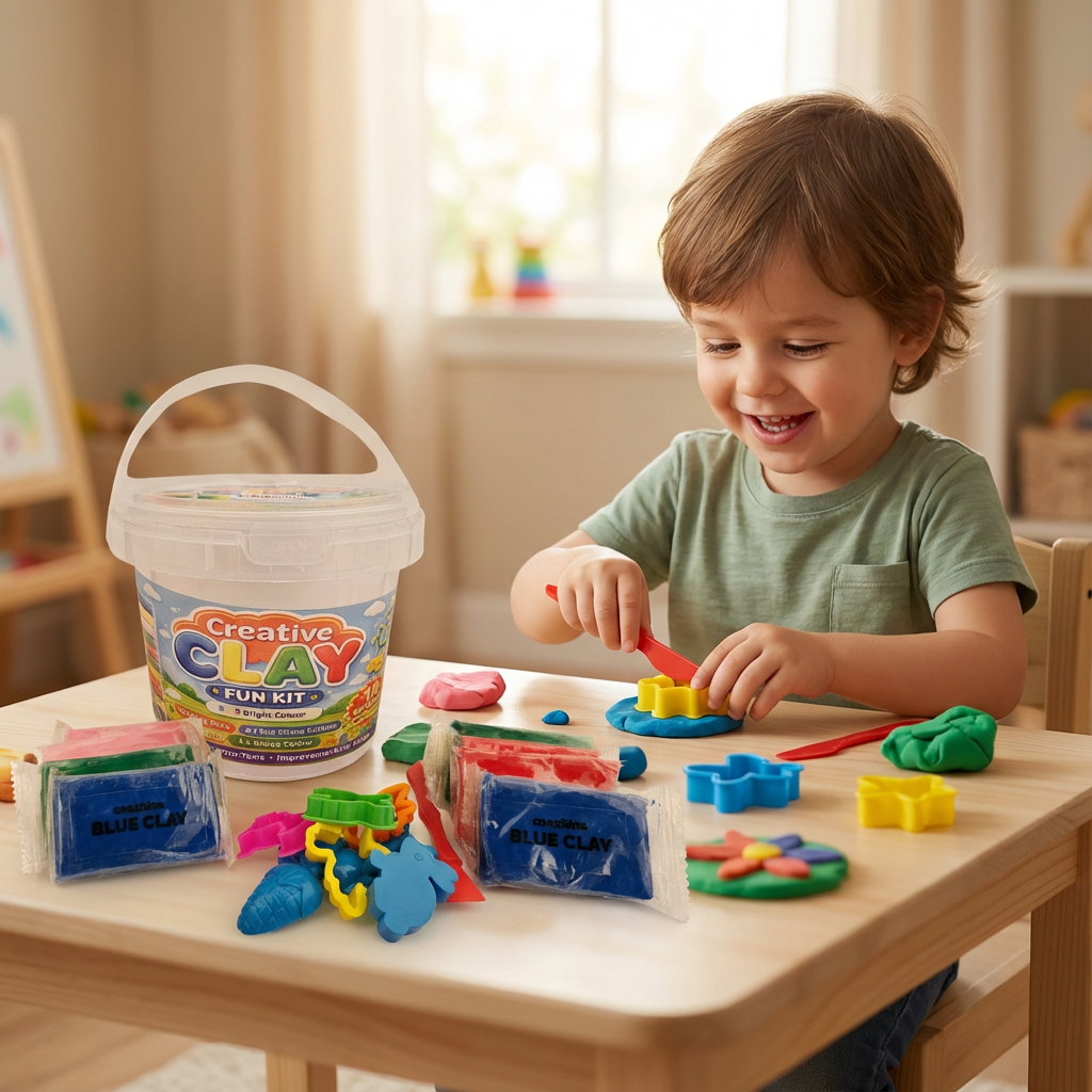 Crazinos Creative Clay Fun bucket for Kids | 10 Clay Bars (5 Colors × 2 Each) | 8 Moulds & 1 Knife | DIY Art & Craft Toy for Kids