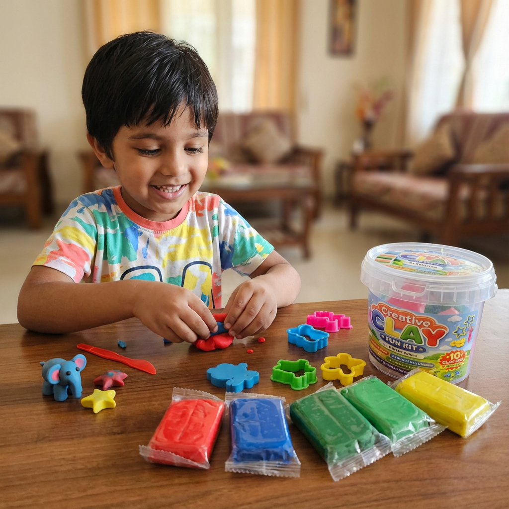 Crazinos Creative Clay Fun bucket for Kids | 10 Clay Bars (5 Colors × 2 Each) | 8 Moulds & 1 Knife | DIY Art & Craft Toy for Kids