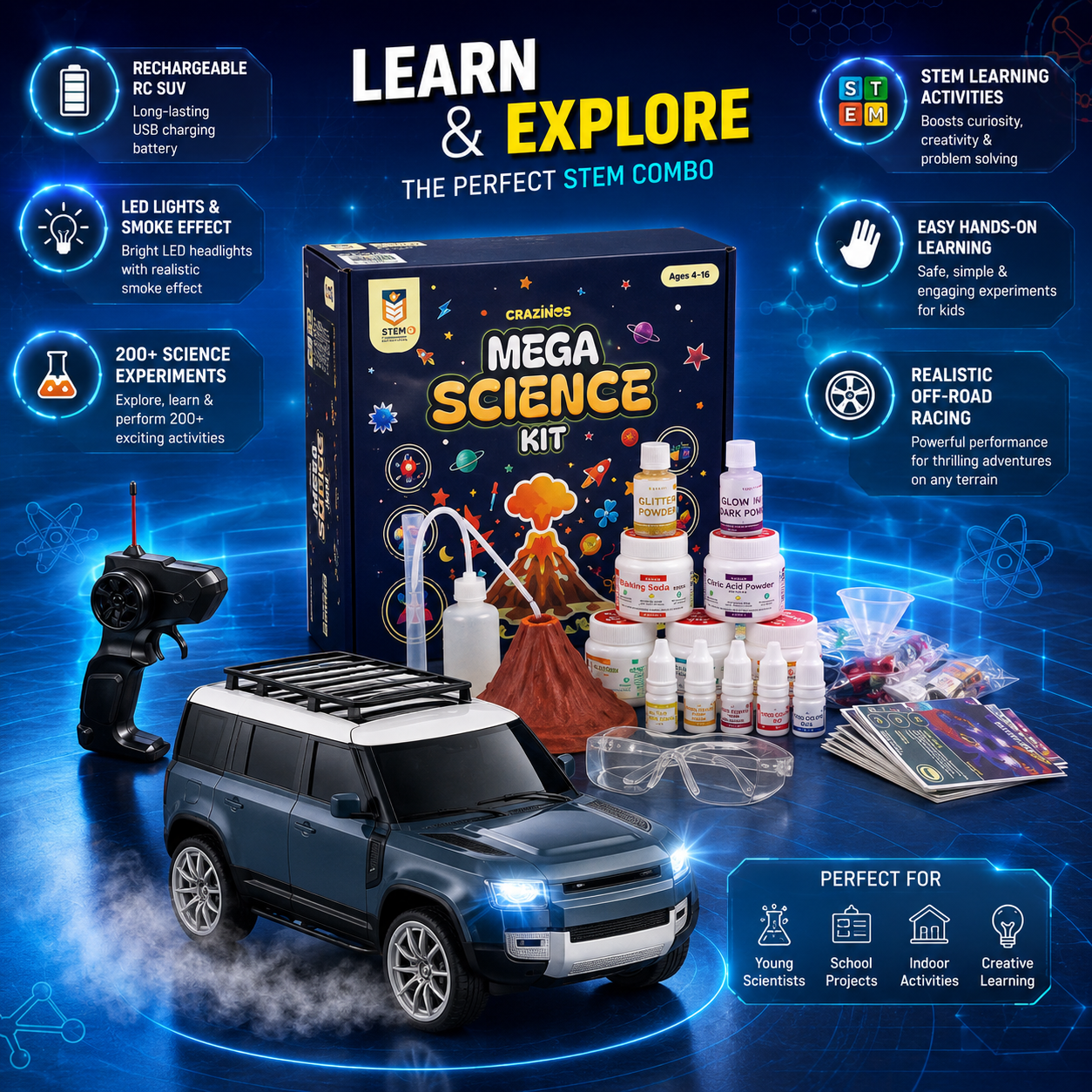 CRAZINOS Mega Science Kit & RC Defender Car Combo for Kids | 200+