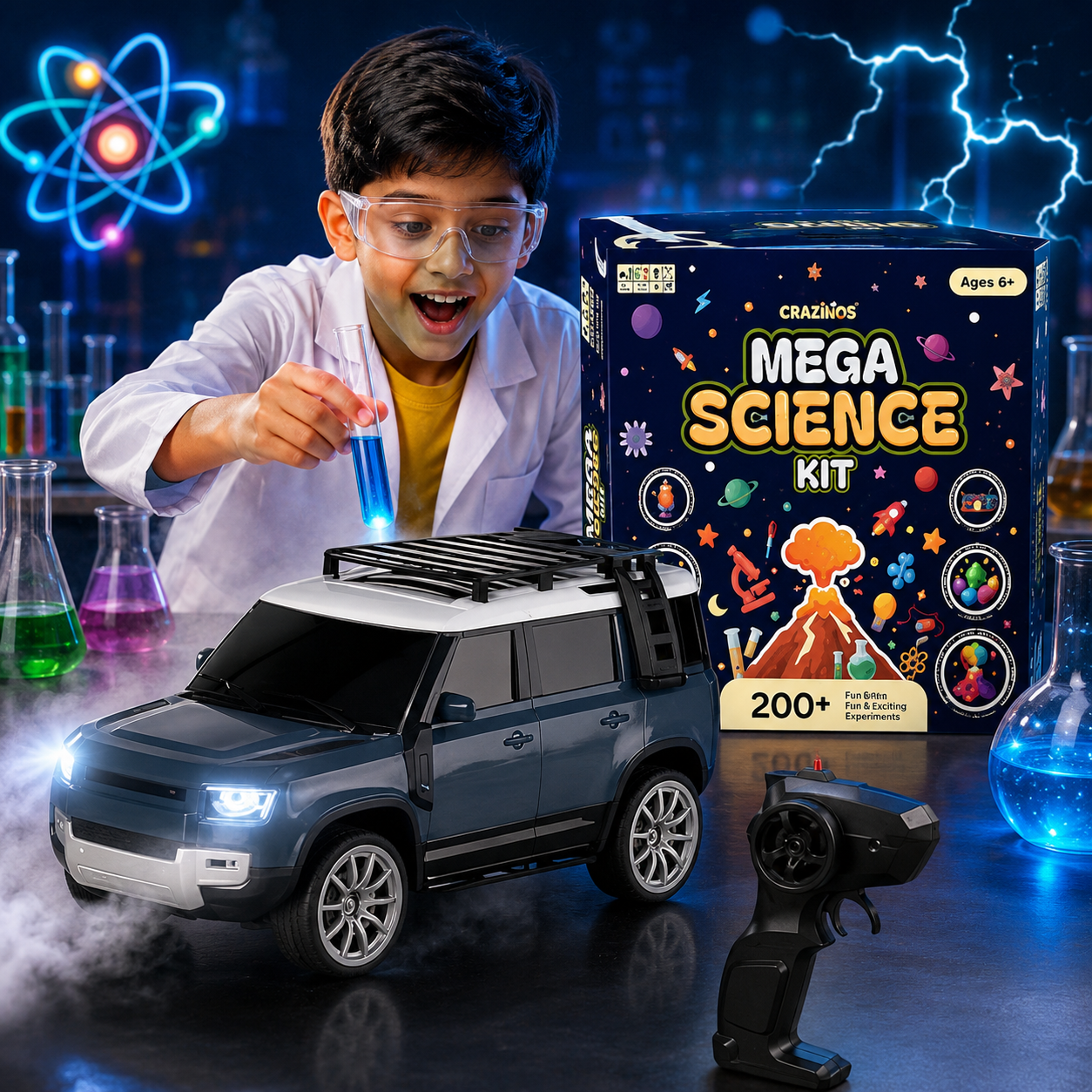CRAZINOS Mega Science Kit & RC Defender Car Combo for Kids | 200+