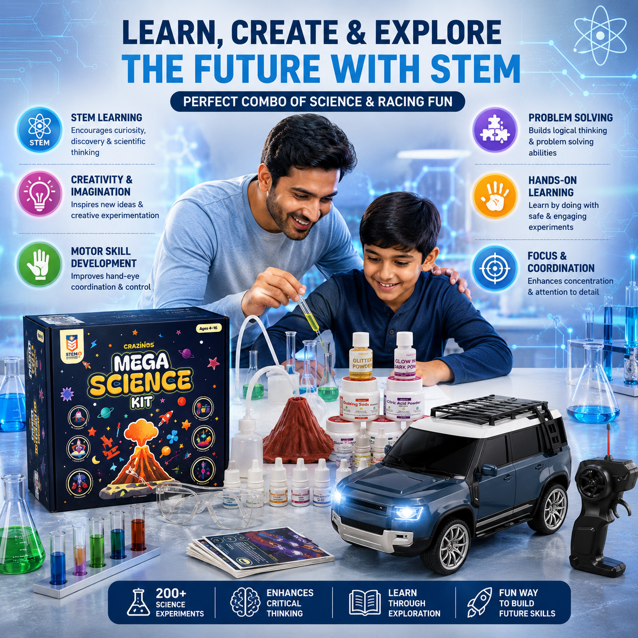 CRAZINOS Mega Science Kit & RC Defender Car Combo for Kids | 200+
