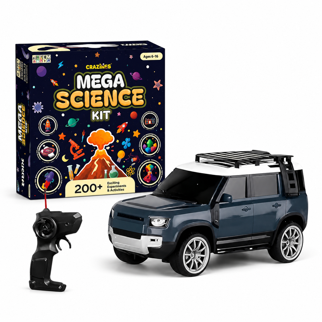 CRAZINOS Mega Science Kit & RC Defender Car Combo for Kids | 200+ STEM Science Experiments Kit with RC SUV Car, LED Lights, Smoke Effect & Extra Battery | Educational Toy Set for Boys & Girls Age 4-16 Years