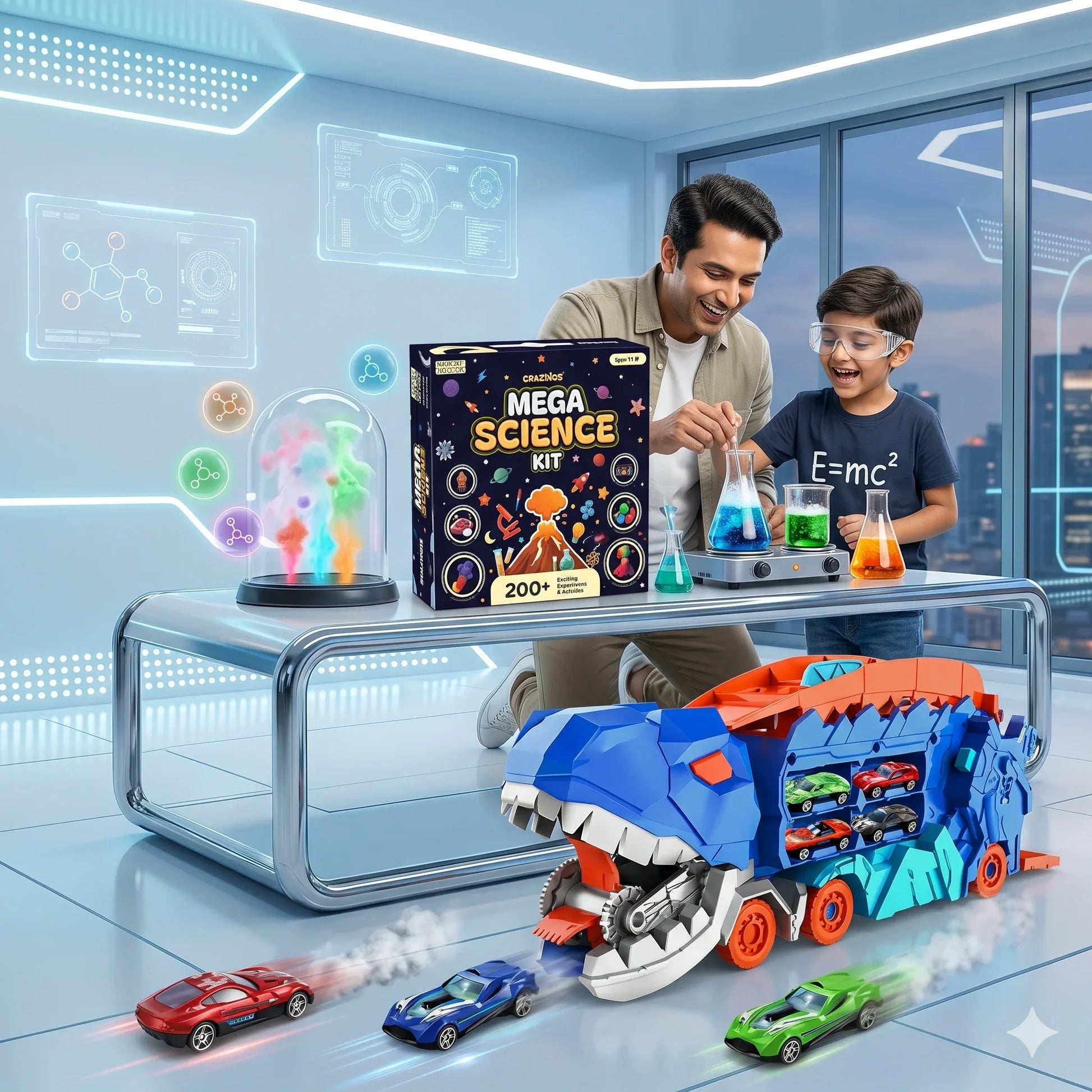 CRAZINOS Mega Science Kit & Dinosaur Transport Truck Combo for