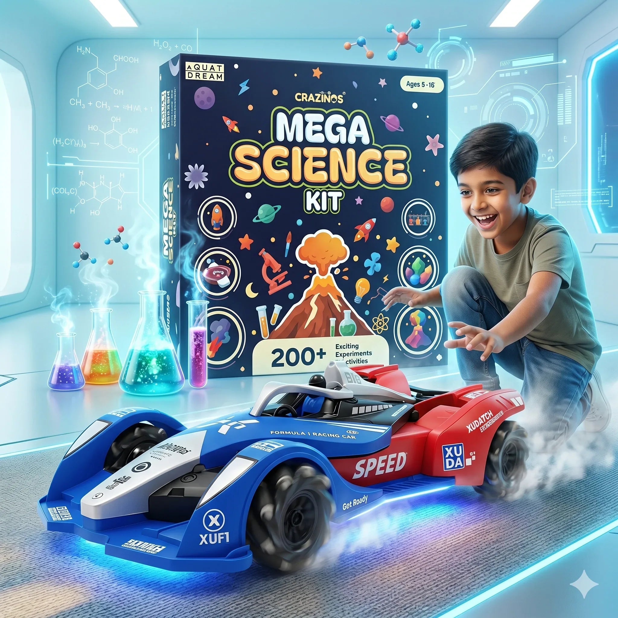 CRAZINOS Mega Science Kit & Gesture Control RC Racing Car Combo for Kids | 200+ STEM Science Experiments Kit with Rechargeable 4WD Drift Car, LED Lights, Music & Spray Effect | Educational Toy Set for Boys & Girls Age 4-16 Years