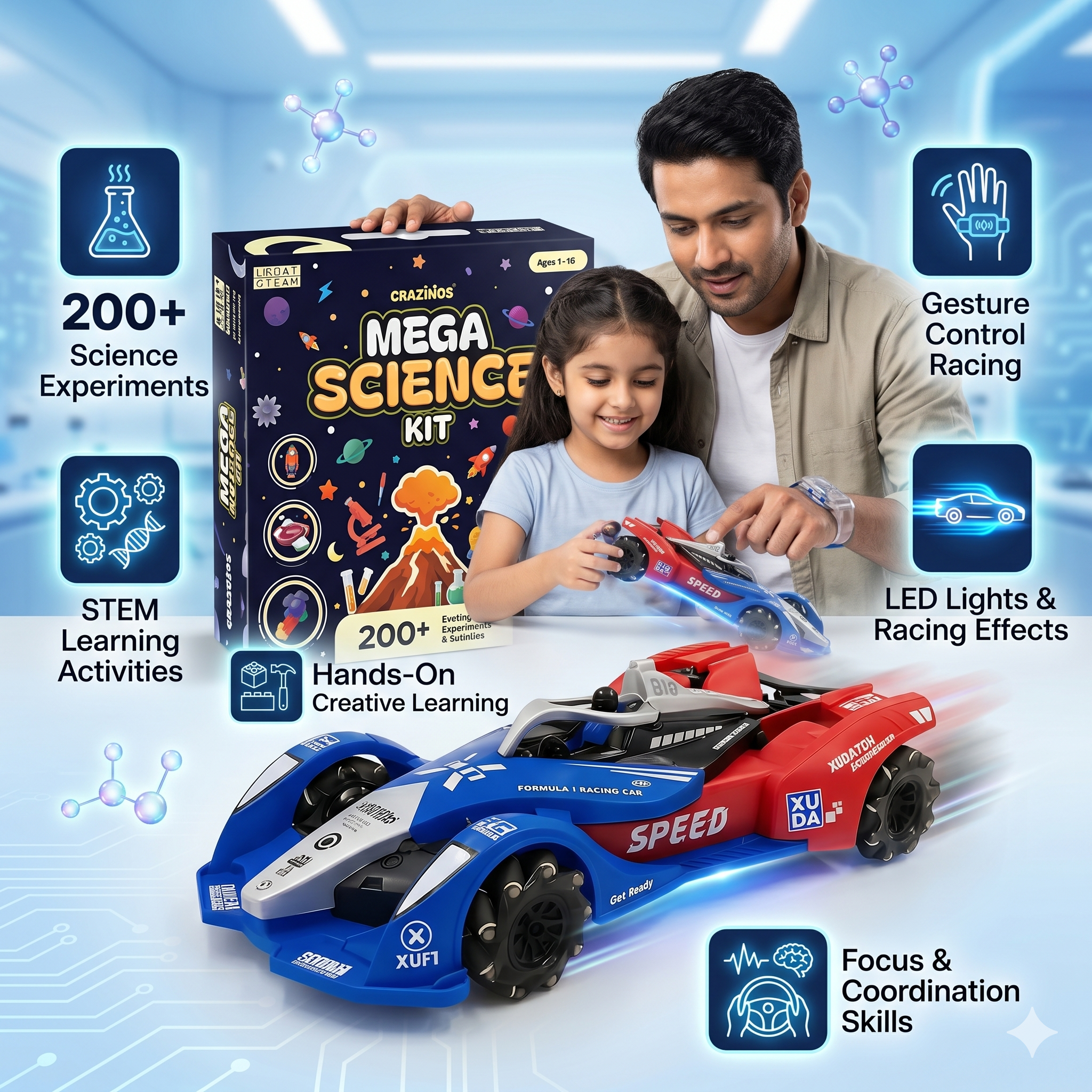CRAZINOS Mega Science Kit & Gesture Control RC Racing Car Combo for Kids | 200+ STEM Science Experiments Kit with Rechargeable 4WD Drift Car, LED Lights, Music & Spray Effect | Educational Toy Set for Boys & Girls Age 4-16 Years