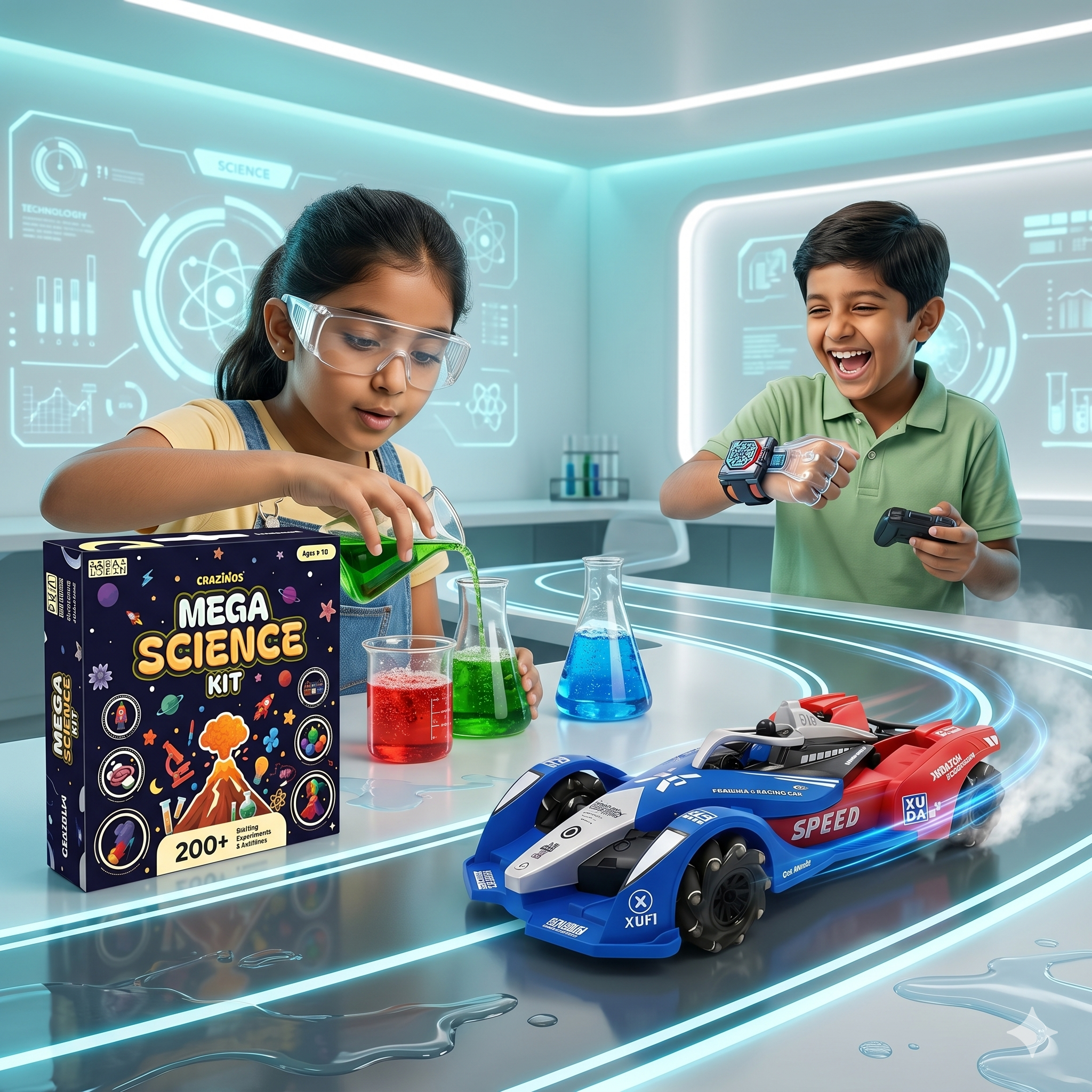 CRAZINOS Mega Science Kit & Gesture Control RC Racing Car Combo for Kids | 200+ STEM Science Experiments Kit with Rechargeable 4WD Drift Car, LED Lights, Music & Spray Effect | Educational Toy Set for Boys & Girls Age 4-16 Years