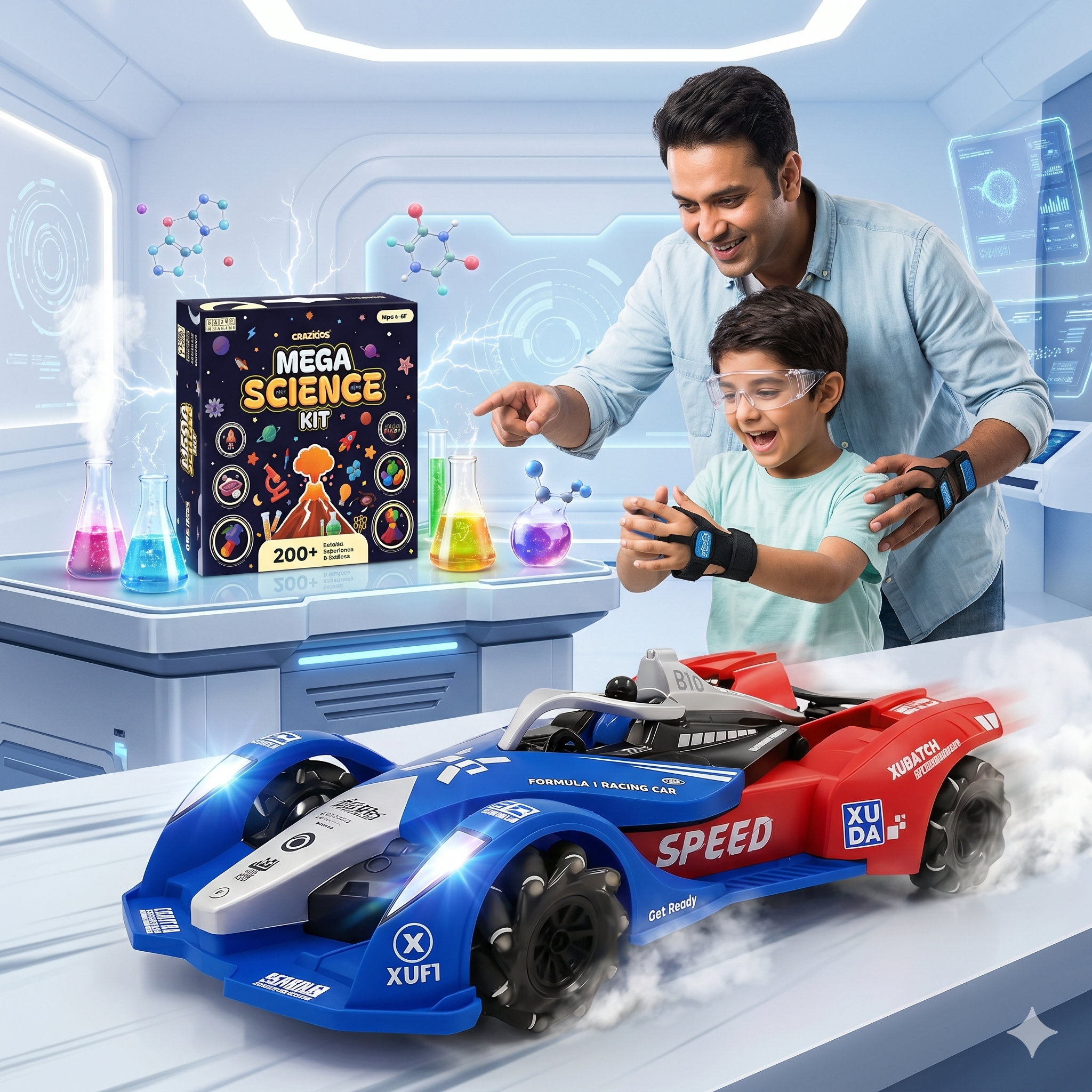 CRAZINOS Mega Science Kit & Gesture Control RC Racing Car Combo for Kids | 200+ STEM Science Experiments Kit with Rechargeable 4WD Drift Car, LED Lights, Music & Spray Effect | Educational Toy Set for Boys & Girls Age 4-16 Years