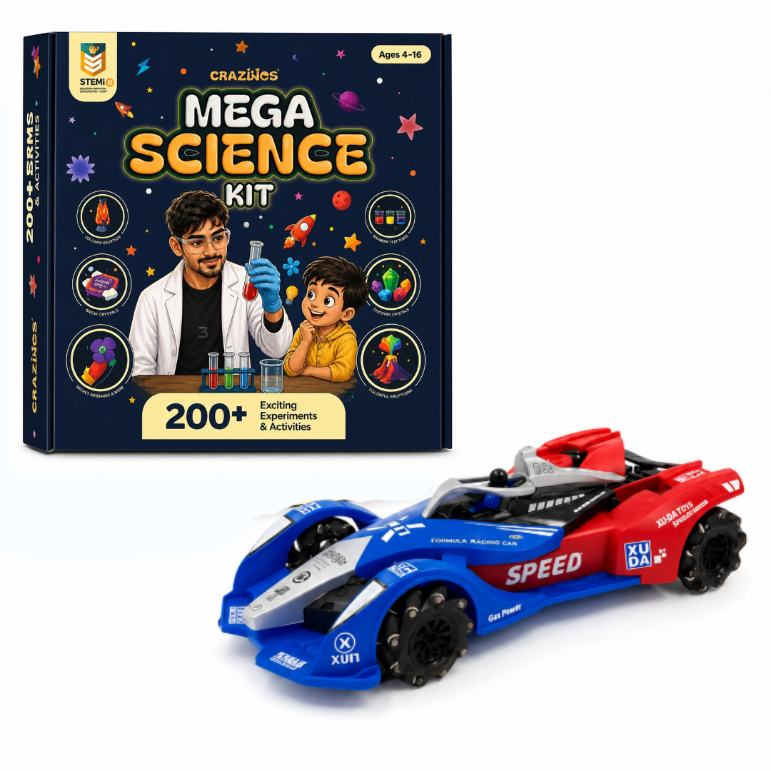 CRAZINOS Mega Science Kit & Gesture Control RC Racing Car Combo for Kids | 200+ STEM Science Experiments Kit with Rechargeable 4WD Drift Car, LED Lights, Music & Spray Effect | Educational Toy Set for Boys & Girls Age 4-16 Years