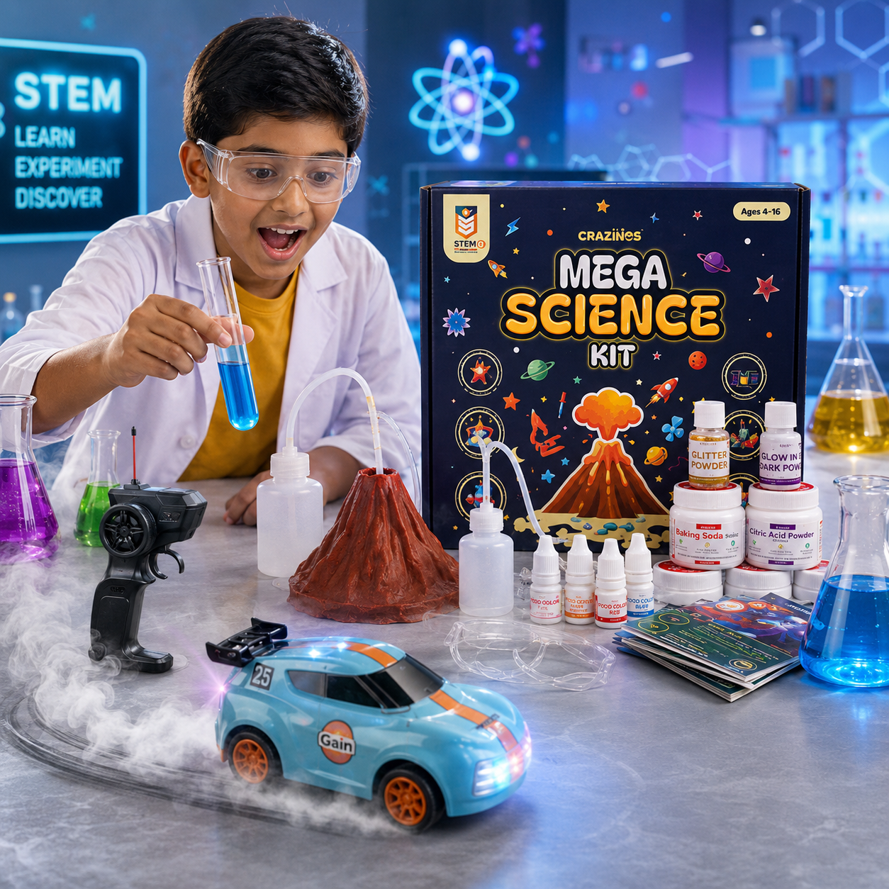 CRAZINOS Mega Science Kit & Mini RC Drift Car Combo for Kids | 200