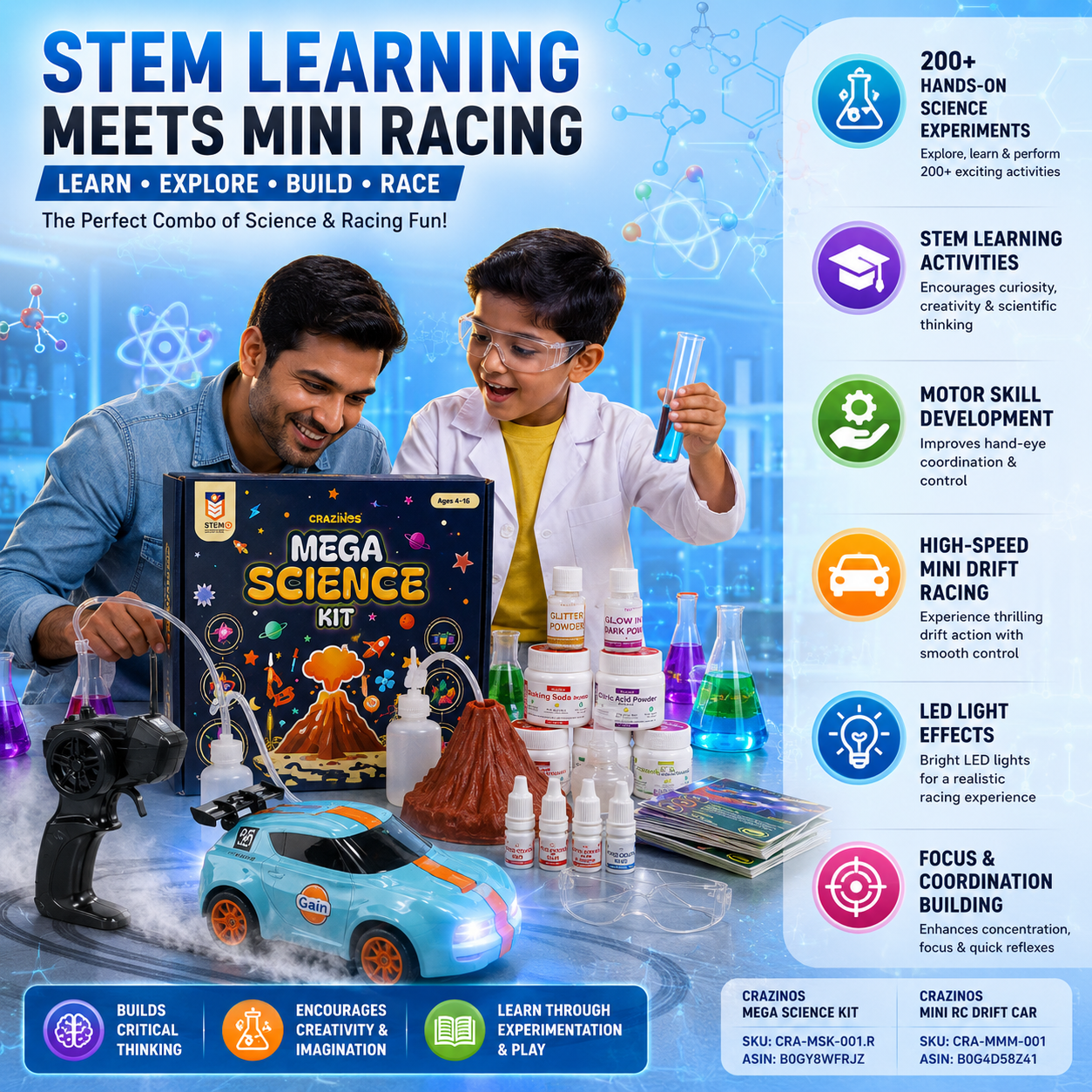 CRAZINOS Mega Science Kit & Mini RC Drift Car Combo for Kids | 200