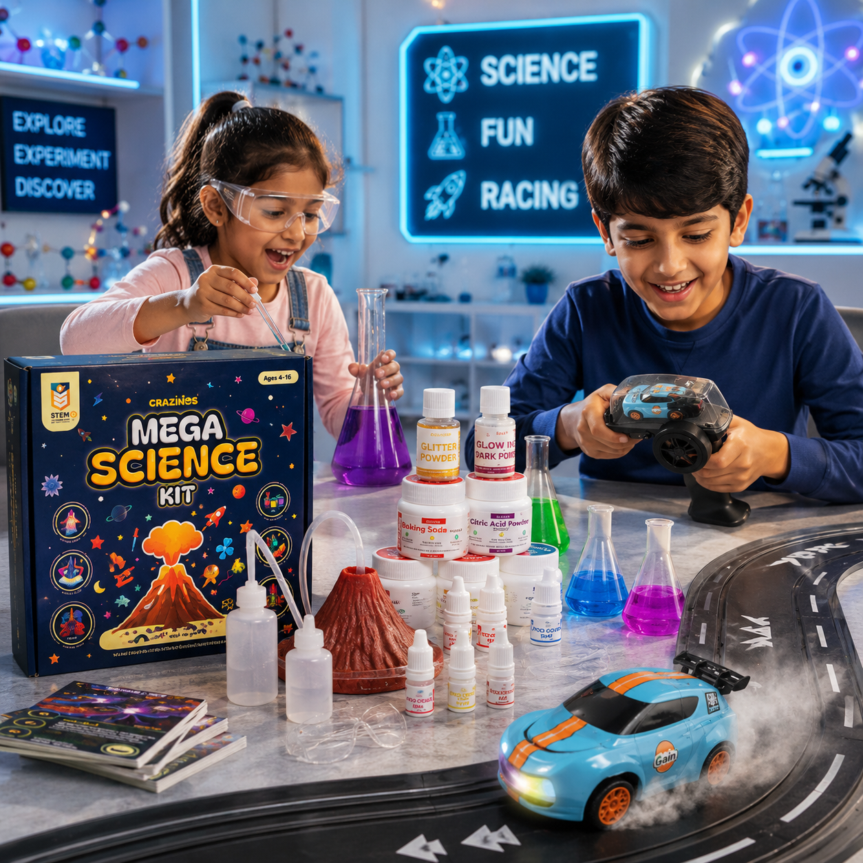 CRAZINOS Mega Science Kit & Mini RC Drift Car Combo for Kids | 200