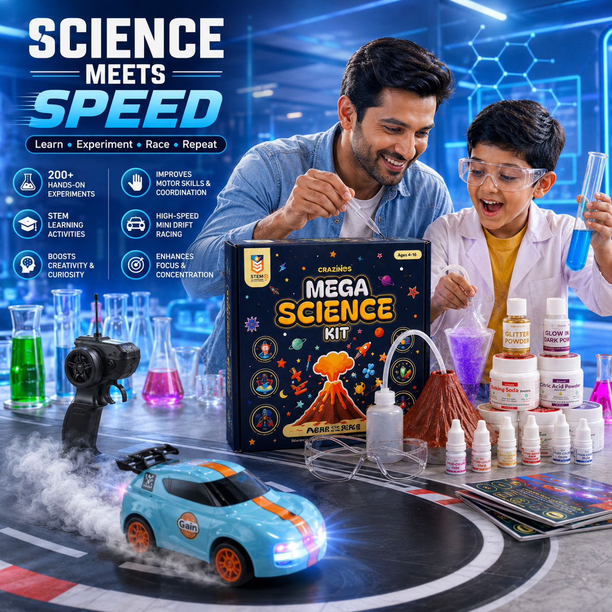 CRAZINOS Mega Science Kit & Mini RC Drift Car Combo for Kids | 200