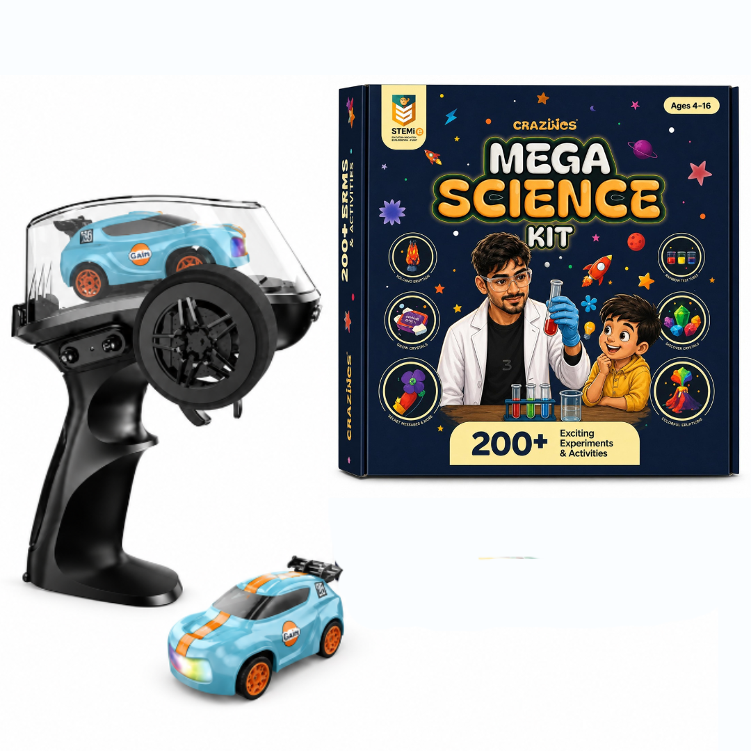 CRAZINOS Mega Science Kit & Mini RC Drift Car Combo for Kids | 200+ STEM Science Experiments Kit with 1:64 Scale Remote Control Racing Car, LED Lights & Dual Speed Mode | Educational & Racing Toy Set for Boys & Girls Age 4-16 Years